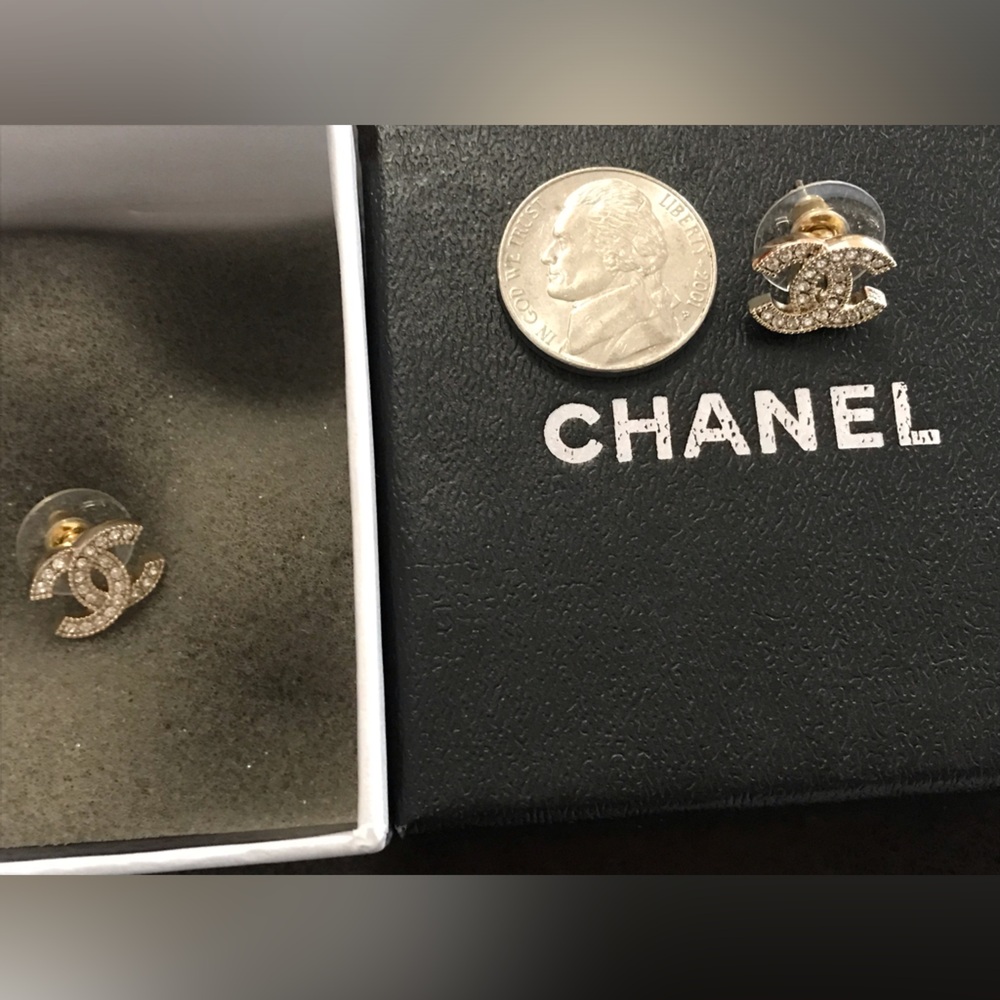 Chanel Gold Metal and Silver Crystal Mini Tiny Classic Stud Earrings - Picture 10 of 10